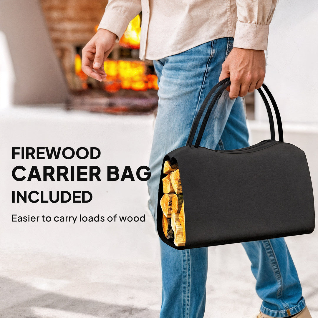 Outsunny Firewood Rack Outdoor, Heavy-Duty Log Holder with Log Tote Bag for Fireplace, Indoor Fire Wood Storage Rack