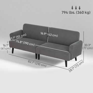 HOMCOM Modern Couch, 3 Seater Sofa, Corduroy Loveseat with Rubberwood Legs and Extra-Wide Seat, Grey