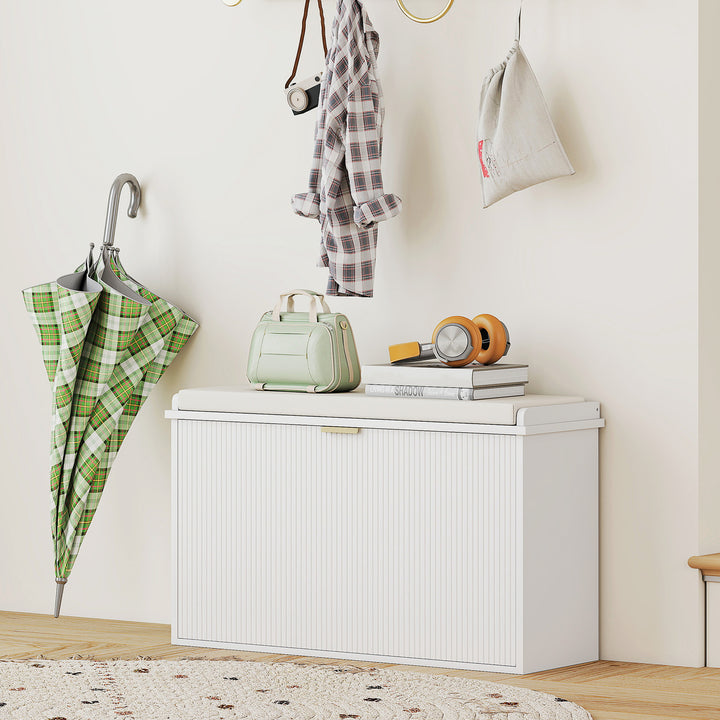 HOMCOM Entryway Bench with Padded Seat and Flip-Drawers, Holds up to 265lbs, Shoe Storage Bench for 8 Pairs of Shoes, White