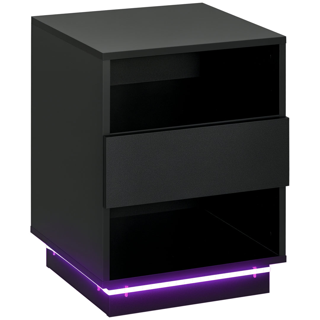 HOMCOM LED Nightstand, Bedside Table with LED Lights, Drawer, 2 Shelves, Remote, Side Table for Living Room, Bedroom