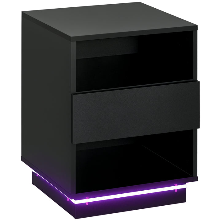 HOMCOM LED Nightstand, Bedside Table with LED Lights, Drawer, 2 Shelves, Remote, Side Table for Living Room, Bedroom