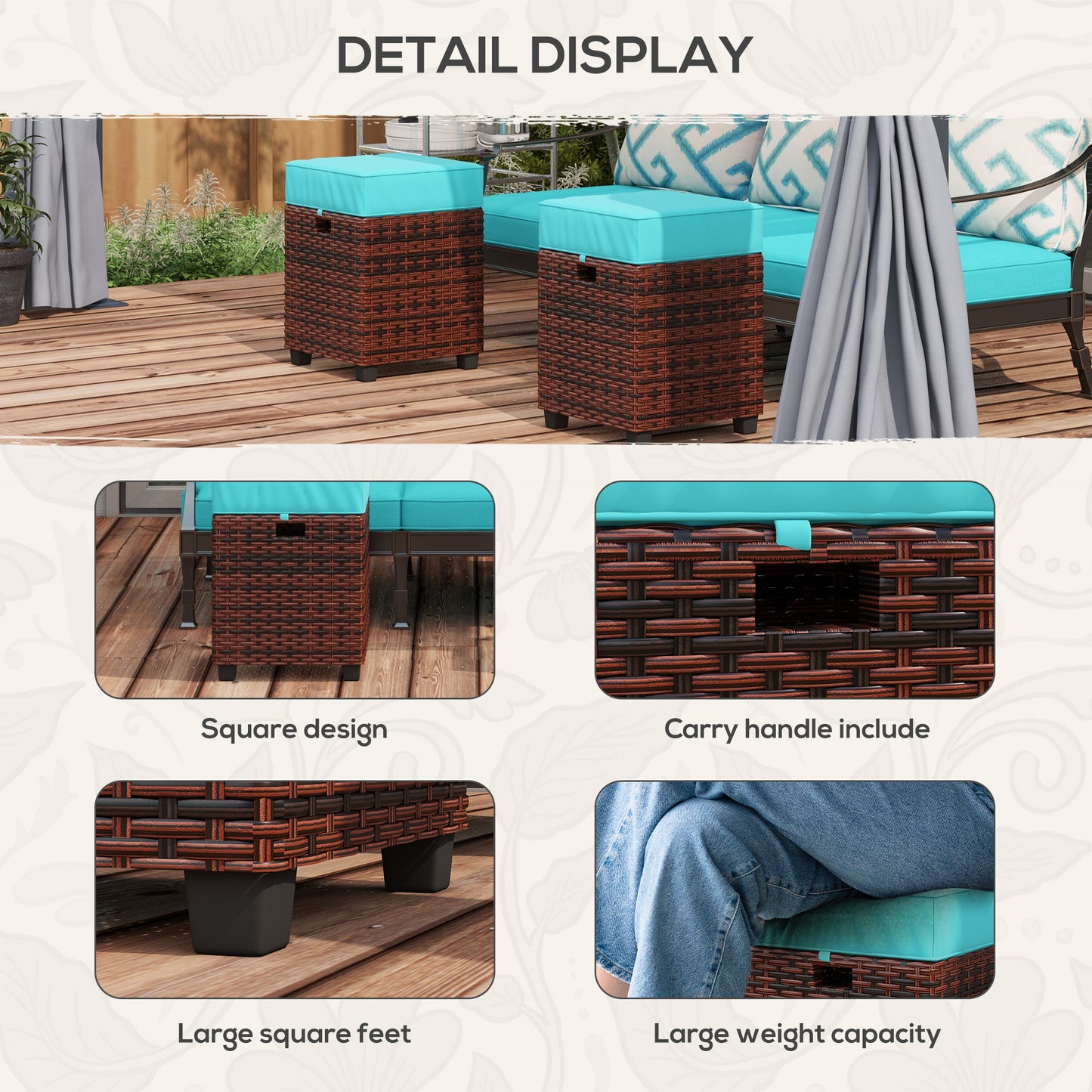 Outsunny 2 PCS Patio Wicker Ottoman Set, Square Outdoor PE Rattan Footrest with Removable Cushion for Backyard, Sky Blue