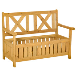 Outsunny Wooden Outdoor Storage Bench 2-Person Patio Bench with Louvered Side Panels and X-Shape Back for Garden, Patio, Yellow