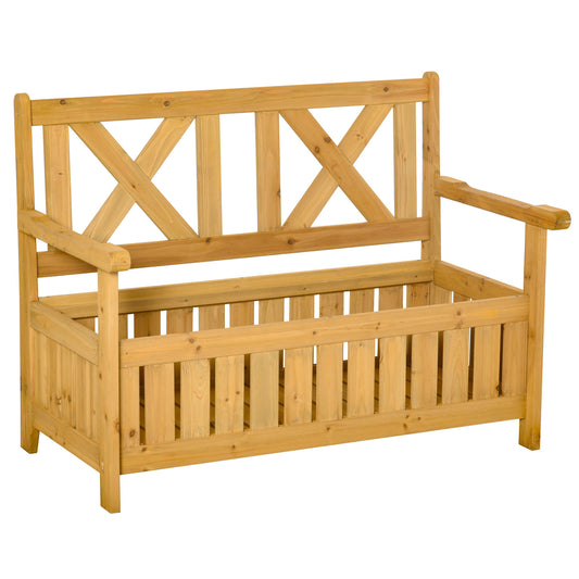 Outsunny Wooden Outdoor Storage Bench 2-Person Patio Bench with Louvered Side Panels and X-Shape Back for Garden, Patio, Yellow