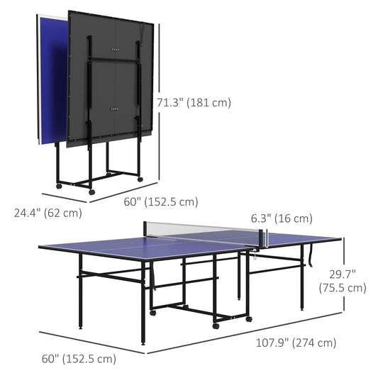 Soozier Full Size Table Tennis Table, Folding Ping Pong Table with Net, Paddles, Balls and Wheels, Blue