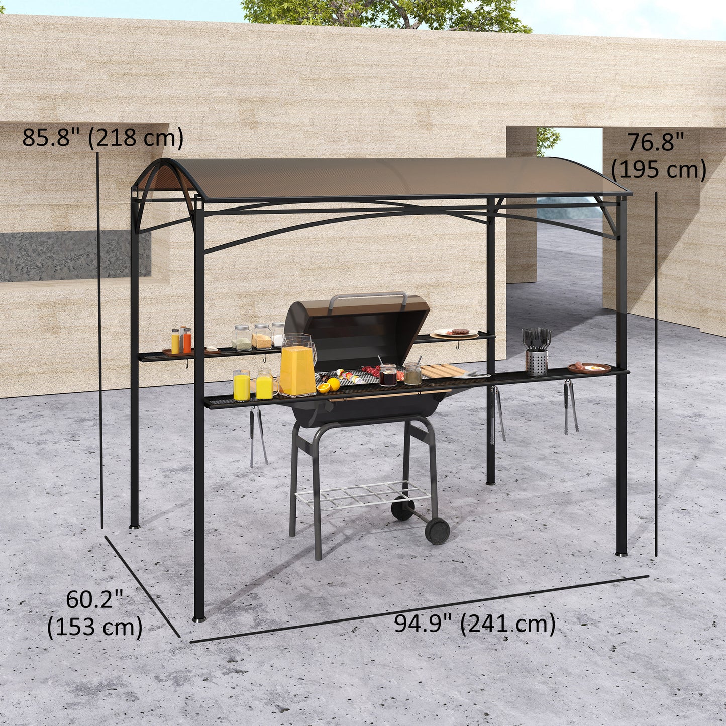 Outsunny 8' x 5' Hardtop Grill Gazebo, Outdoor BBQ Gazebo with PC Board Roof, BBQ Canopy Gazebo with 2 Side Shelves and 10 Hooks