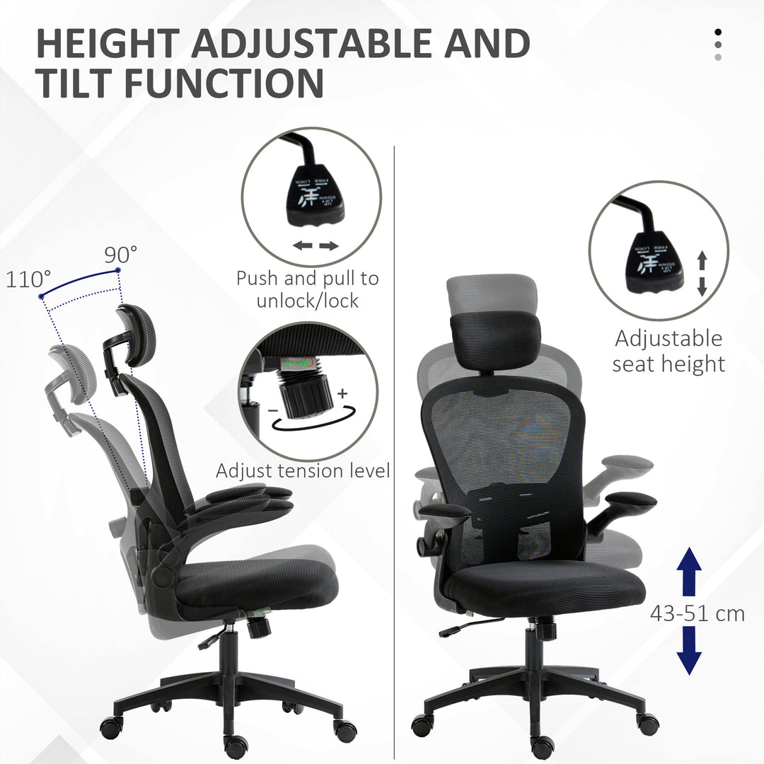 Vinsetto Office Chair, Mesh Computer Desk Chair with Adjustable Headrest, 4D Lumbar Support, Flip-up Arm, Grey