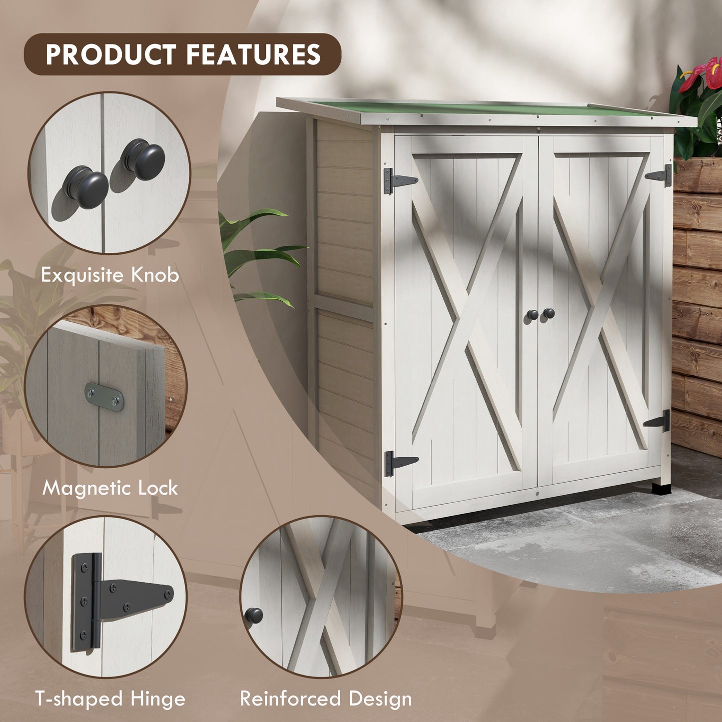 Outsunny 54.75''x29.5''x63'' Garden Storage Shed Asphalt Roof Wooden Timber Double Door Utility Storage House w/ Movable Shelf & Fixed Fittings