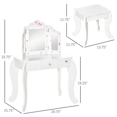 Qaba Kids Vanity Table and Stool, Makeup Vanity Girls Dressing Table Set with Tri-folding Mirrors Drawer Star and Heart Pattern, White