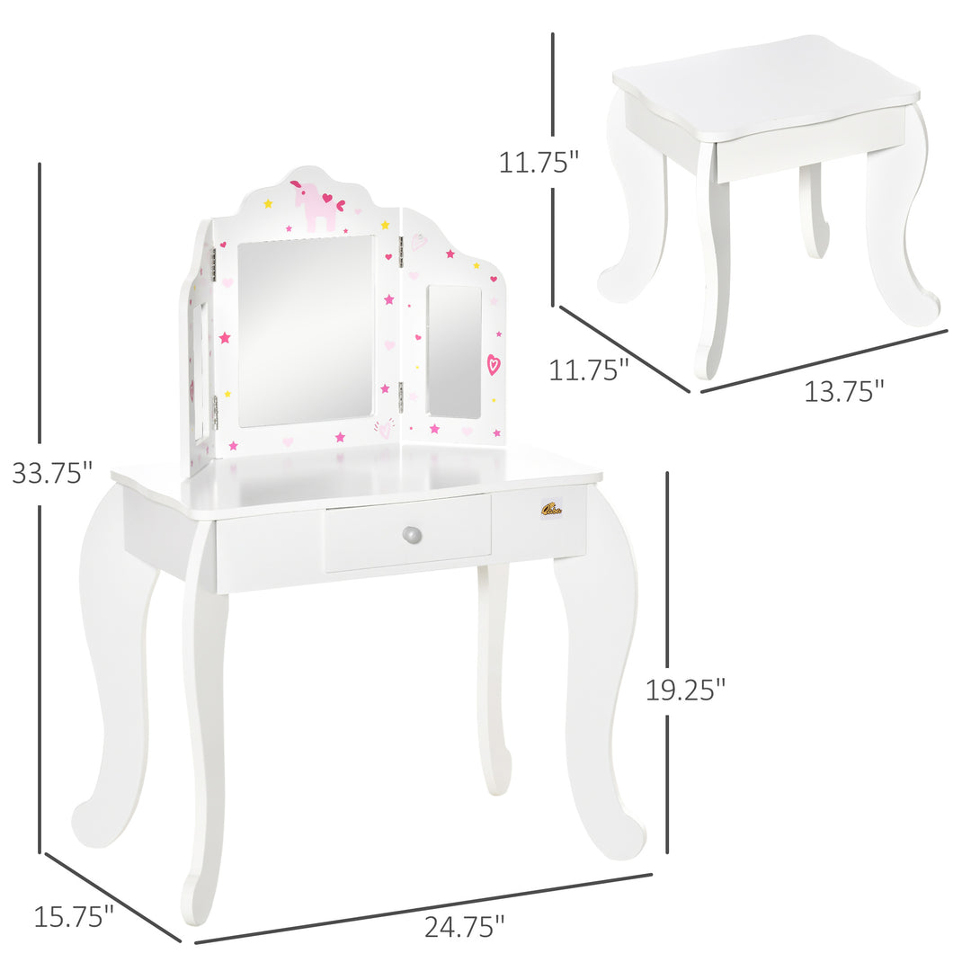Qaba Kids Vanity Table and Stool, Makeup Vanity Girls Dressing Table Set with Tri-folding Mirrors Drawer Star and Heart Pattern, White