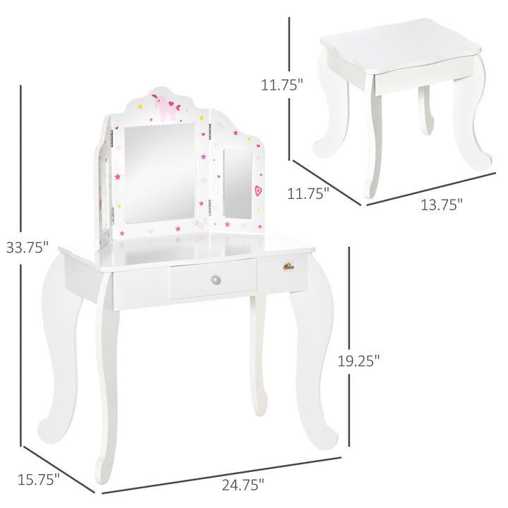 Qaba Kids Vanity Table and Stool, Makeup Vanity Girls Dressing Table Set with Tri-folding Mirrors Drawer Star and Heart Pattern, White