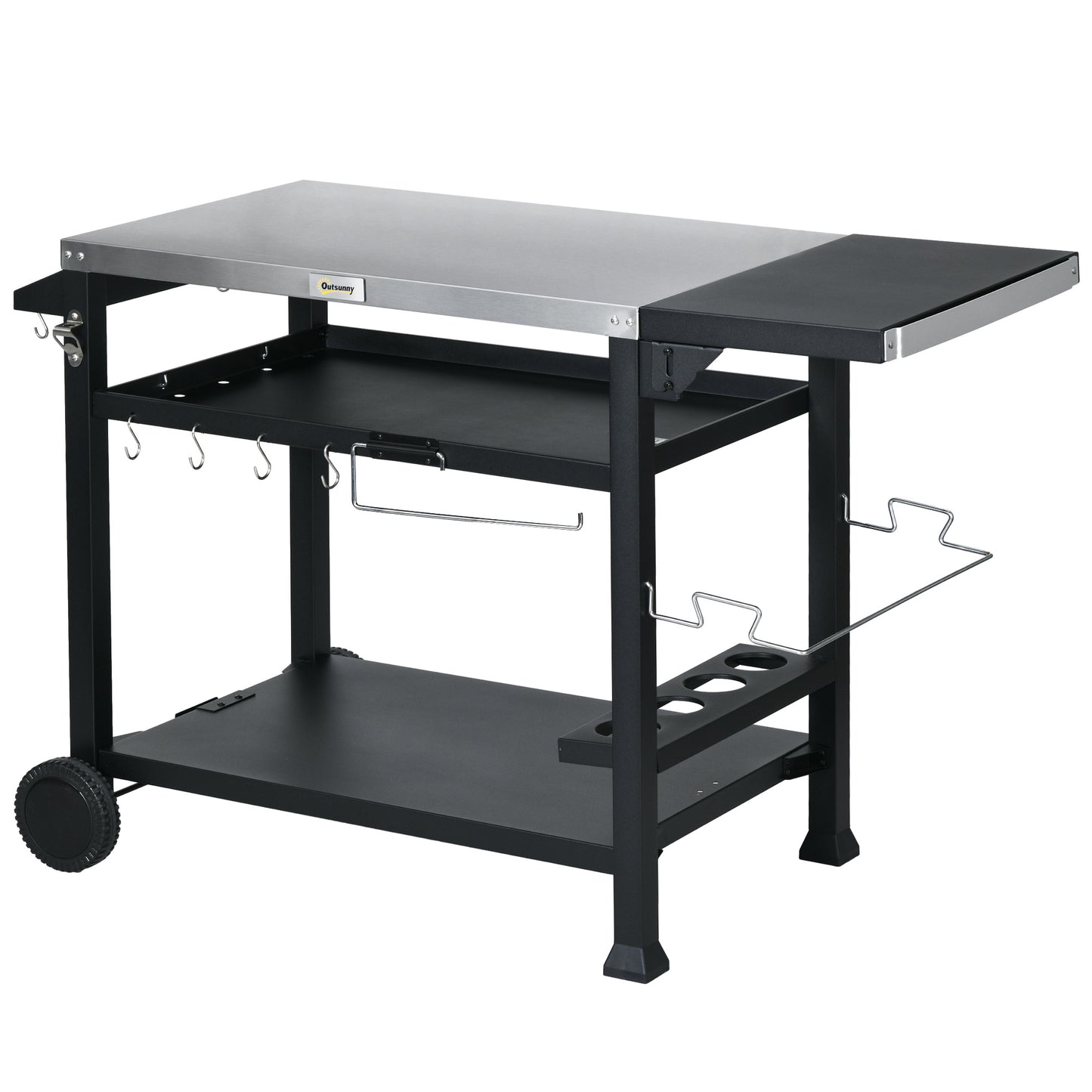 Outsunny 3-Shelf Outdoor Grill Cart Table with Foldable Side Table and Stainless Steel Table Top, Pizza Oven Stand on Wheels
