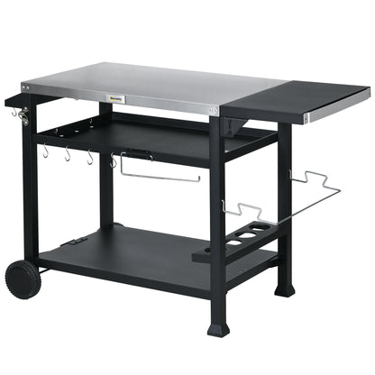 Outsunny 3-Shelf Outdoor Grill Cart Table with Foldable Side Table and Stainless Steel Table Top, Pizza Oven Stand on Wheels