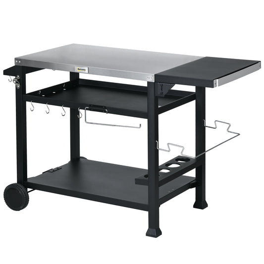 Outsunny 3-Shelf Outdoor Grill Cart Table with Foldable Side Table and Stainless Steel Table Top, Pizza Oven Stand on Wheels