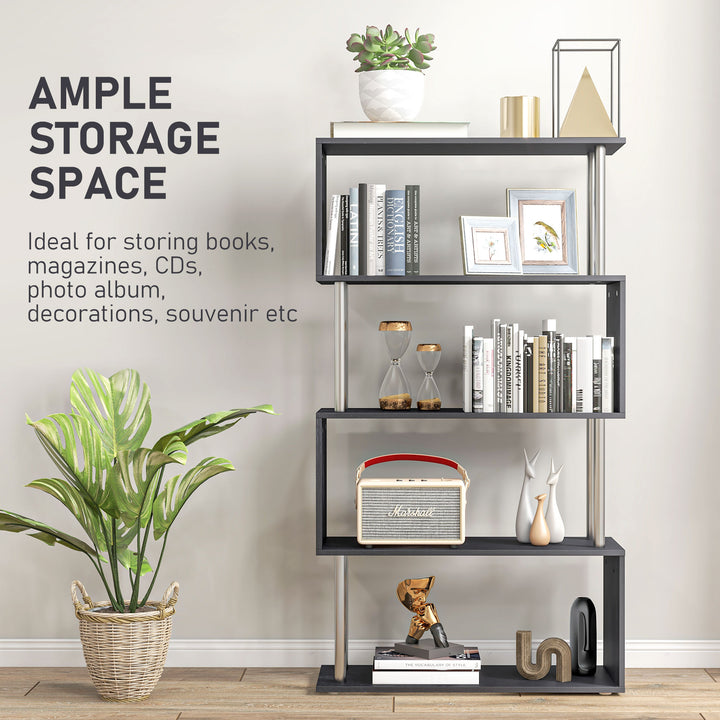 HOMCOM 5-Tiers Geometric Wooden Bookcase S-Shaped Storage Bookshelf Display with Metal Frame for Living Room, Bedroom, Home Office, Black