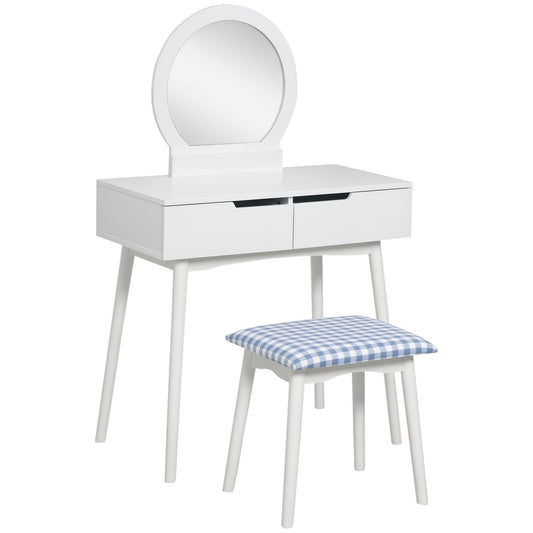 HOMCOM Makeup Vanity Desk with Round Mirror and 2 Drawers, Dressing Table with Cushioned Stool Set for Bedroom (White)