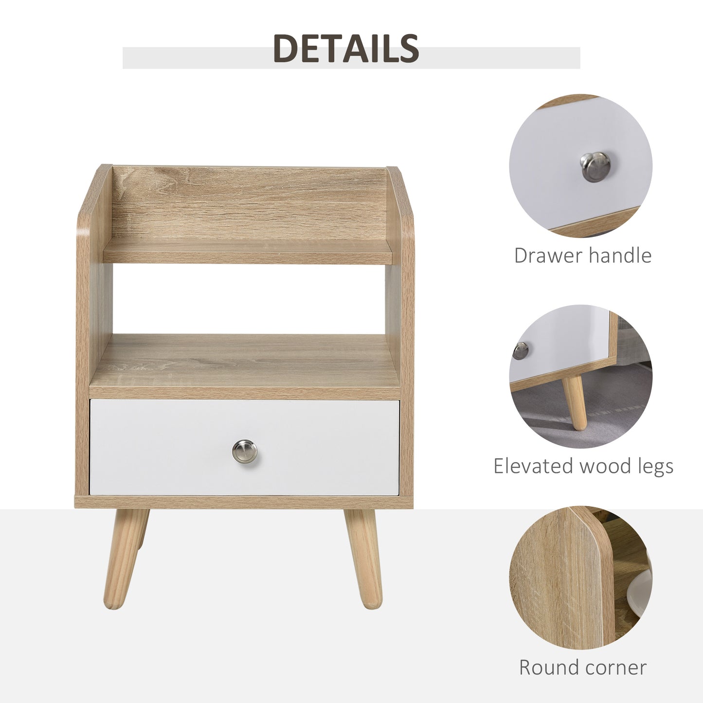 HOMCOM Bedside Table with 2-tier Shelf and Drawer, Side End Table with Storage for Living Room, Bedroom, Natural