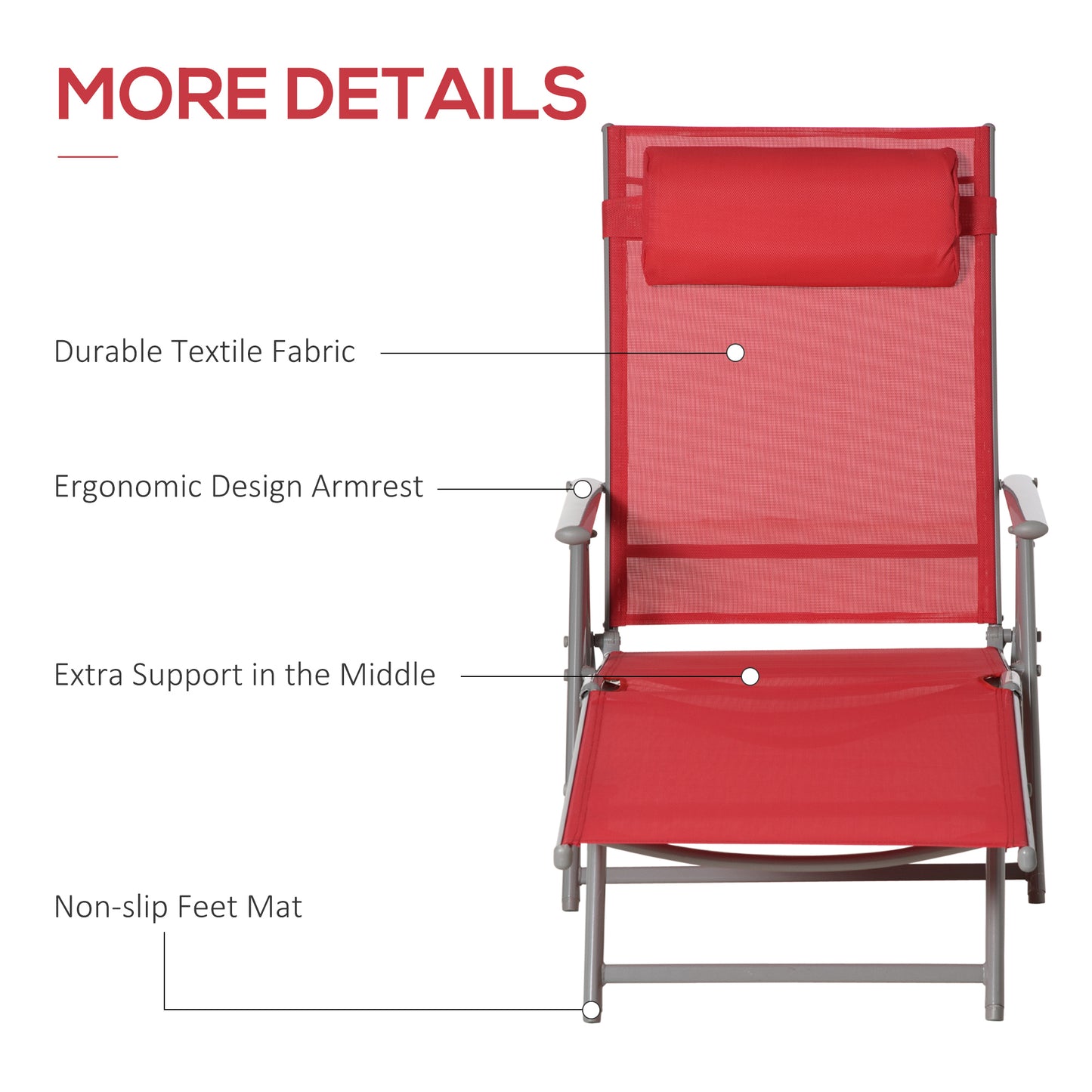 Outsunny Outdoor Folding Chaise Lounge Chair Steel Portable Recliner with 7 Adjustable Backrest Positions, Red
