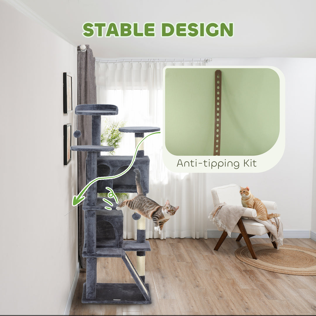 PawHut 54" Cat Tree, Multi-Level Cat Tower with Scratching Posts, Cat Condos, Bed, Platforms, Ramp, Toy Ball, Dark Blue