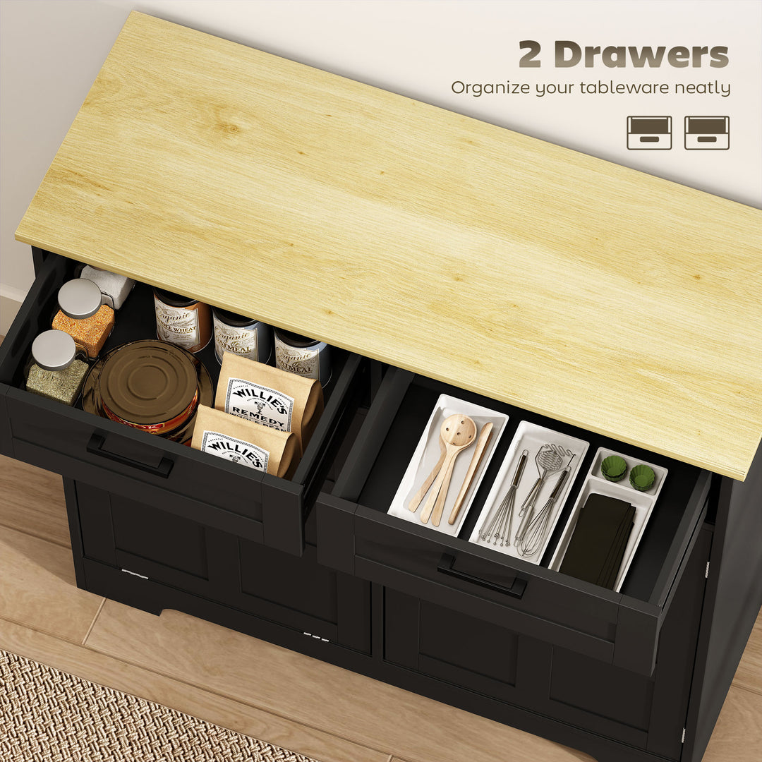 HOMCOM 7 Gallon Tilt Out Garbage Cabinet, Kitchen Island with Trash Cabinet, 2 Drawers, Door Racks, Adjustable Shelves, Black