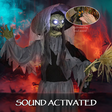 Outsunny Animatronics Standing Witch, Voice-Activated Prop, Spinning Head & Flashing Eyes, Easy Setup Indoor, Black