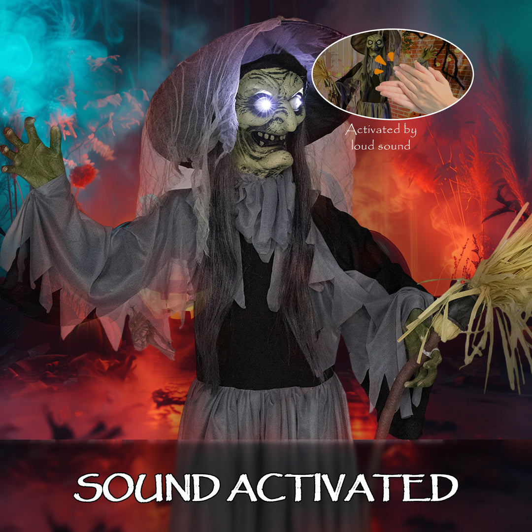 Outsunny Animatronics Standing Witch, Voice-Activated Prop, Spinning Head & Flashing Eyes, Easy Setup Indoor, Black