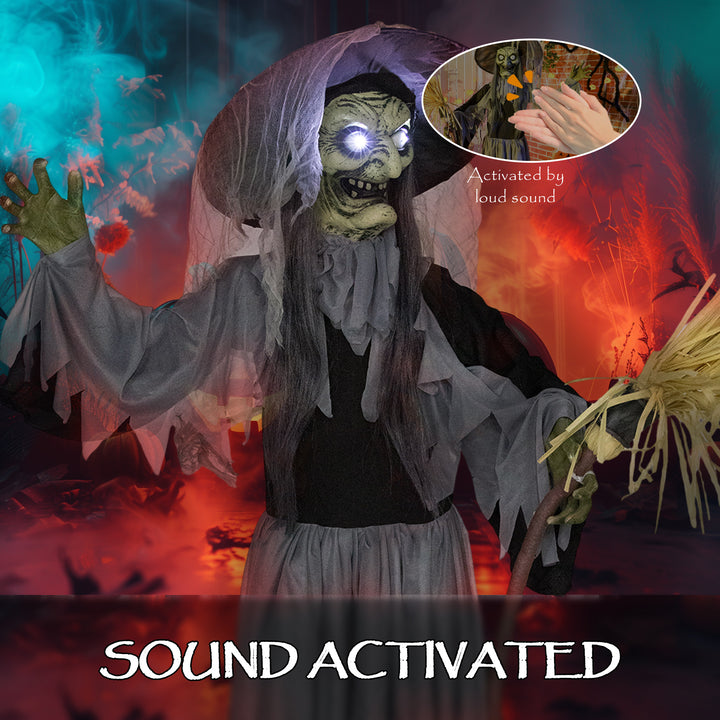 Outsunny Animatronics Standing Witch, Voice-Activated Prop, Spinning Head & Flashing Eyes, Easy Setup Indoor, Black