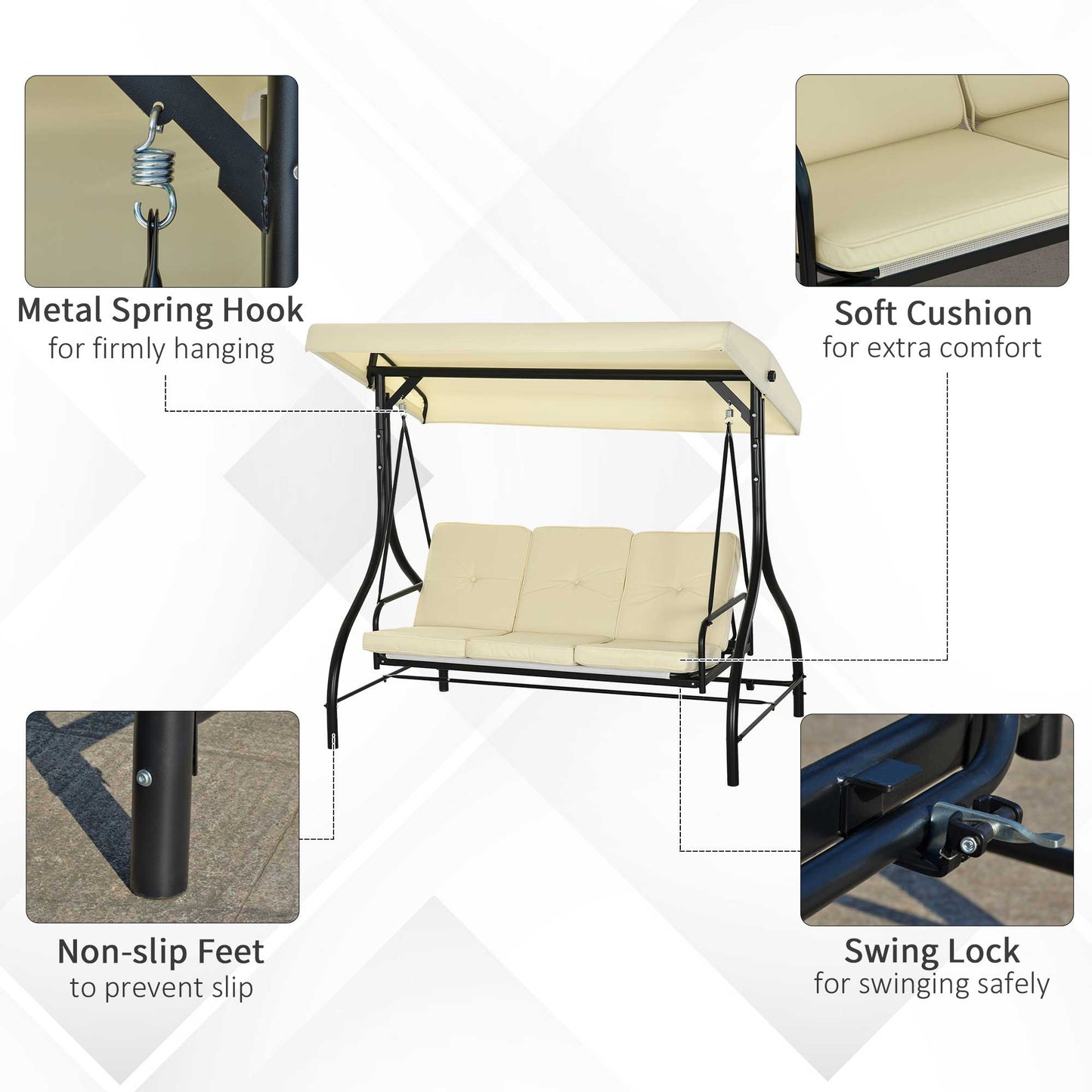 Outsunny Convertible Patio Swing Bed with Canopy and Cushions, 3 Seater Porch Swing for Outdoor, Backyard, Garden, Cream White