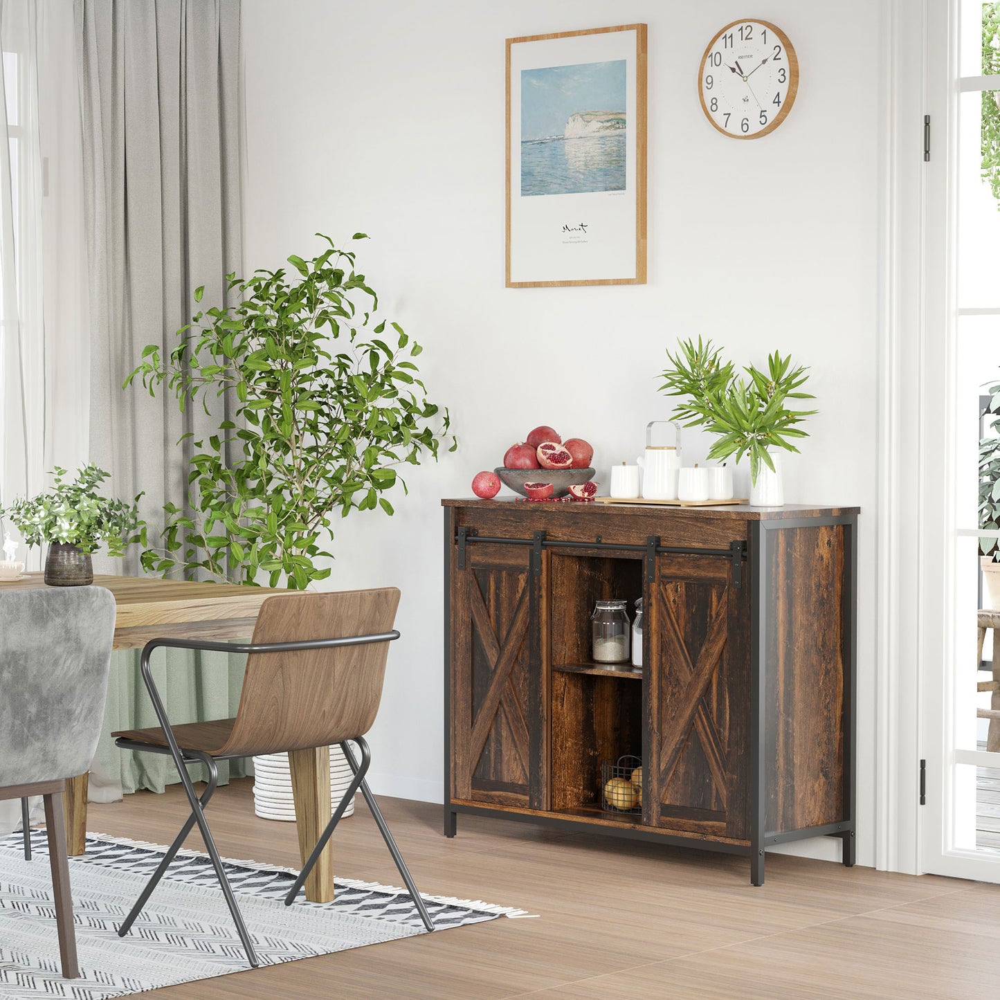 HOMCOM Industrial Sideboard, Buffet Cabinet with Sliding Barn Doors, Storage Cabinets and Adjustable Shelves for Living Room, Kitchen, Home Bar, Rustic Brown