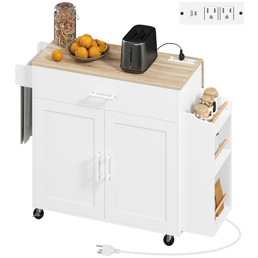 HOMCOM Kitchen Island with Storage, Rolling Kitchen Cart with Foldable Drop Leaf, Power Outlet and USB Ports, White