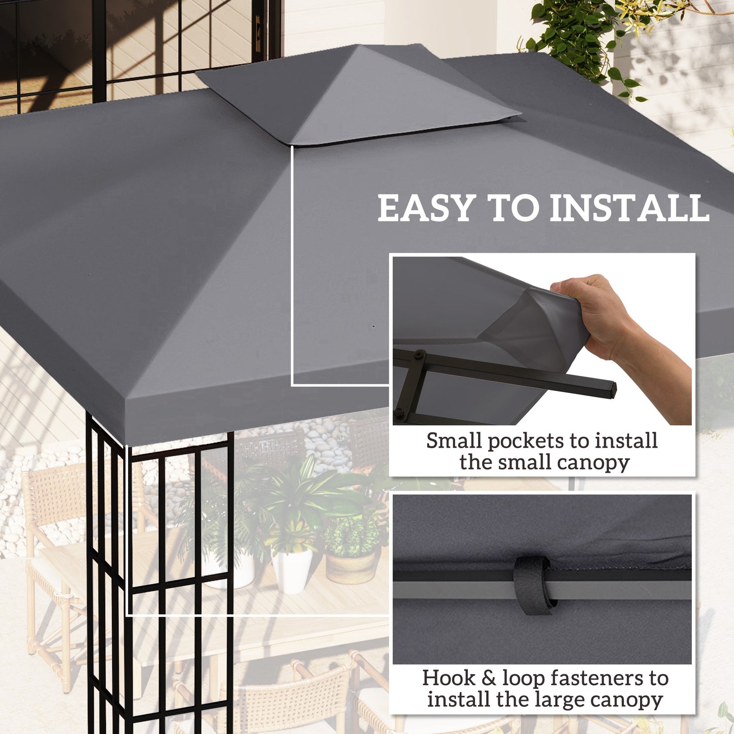 Outsunny 10' x 10' Square 2-Tier Gazebo Canopy Replacement Top Cover Outdoor Garden Sun Shade, Charcoal Grey