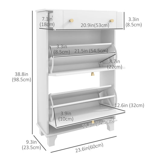 HOMCOM Slim Shoe Storage with 2 Flip Drawers and Adjustable Shelves Shoe Cabinet Organizer for 8 Pair,  White