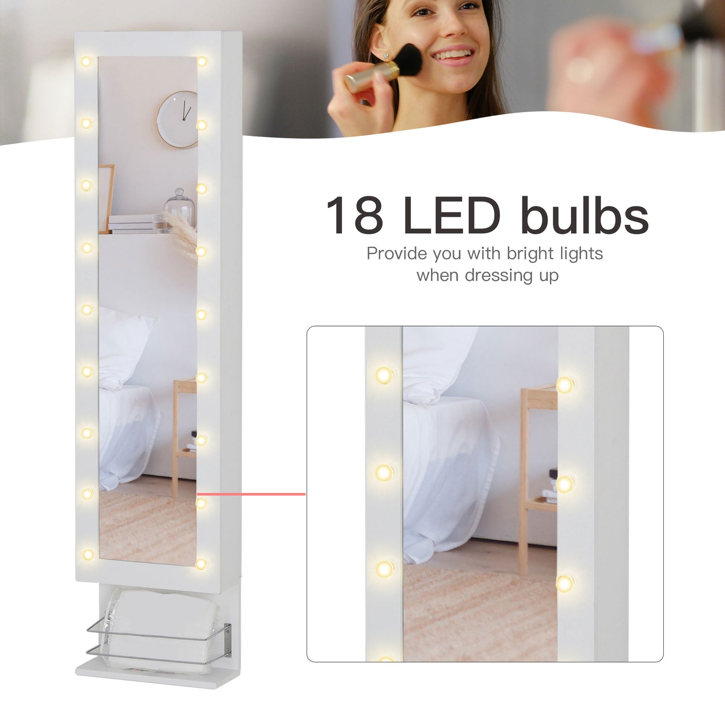 HOMCOM Mirror Jewelry Cabinet Armoire, Jewelry Organizer with 18 LED Lights, Wall-Mounted and Over-The-Door Cabinet with 3 Mountable Heights, Drawer and Open Shelf, White