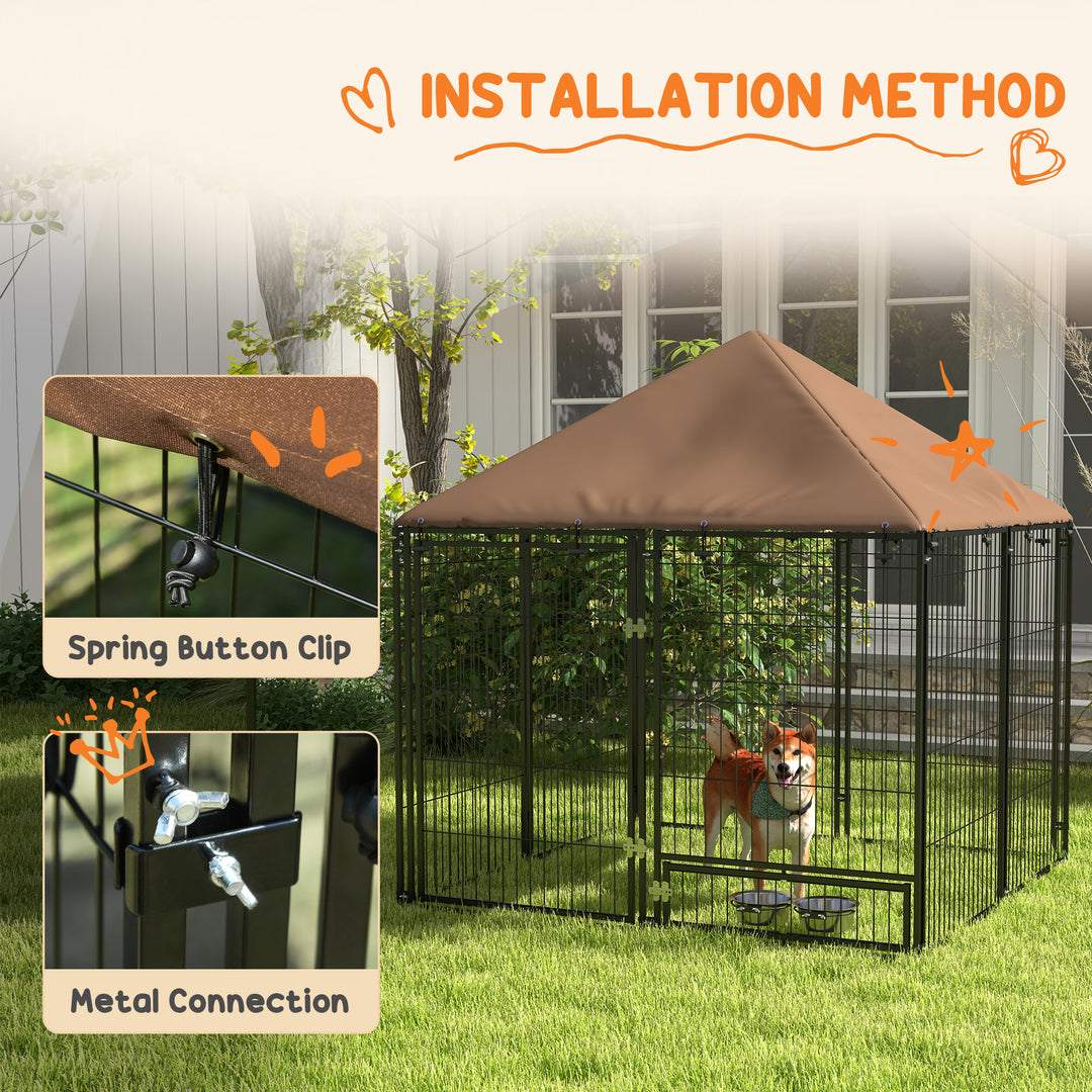 PawHut 4.6' x 4.6' x 5' Outdoor Dog Kennel with Canopy, Rotating Bowls, Coffee