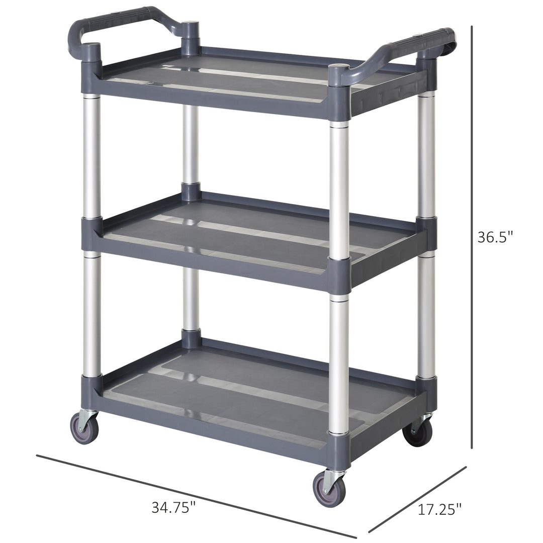 HOMCOM 3-Tier Utility Cart Large Rolling Storage Trolley with 3 Shelves Metal Clean Service Cart, Restaurant, Hotel, Livingroom, Silver and Grey