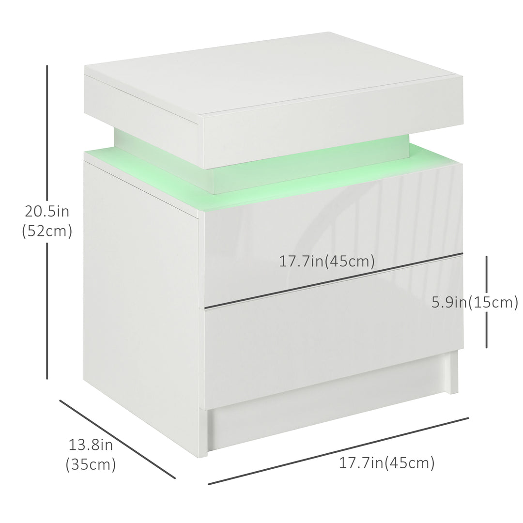 HOMCOM Nightstand, Bedside Table with LED Lights and 2 Drawers for Bedroom, Living Room, White