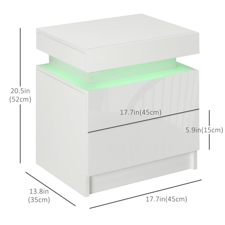 HOMCOM Nightstand, Bedside Table with LED Lights and 2 Drawers for Bedroom, Living Room, White