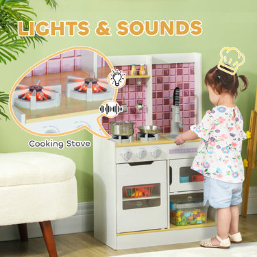 Qaba Play Kitchen Set for Kids, Kids Kitchen Playset with Realistic Lights & Sounds, Sink, Oven, Stove, White
