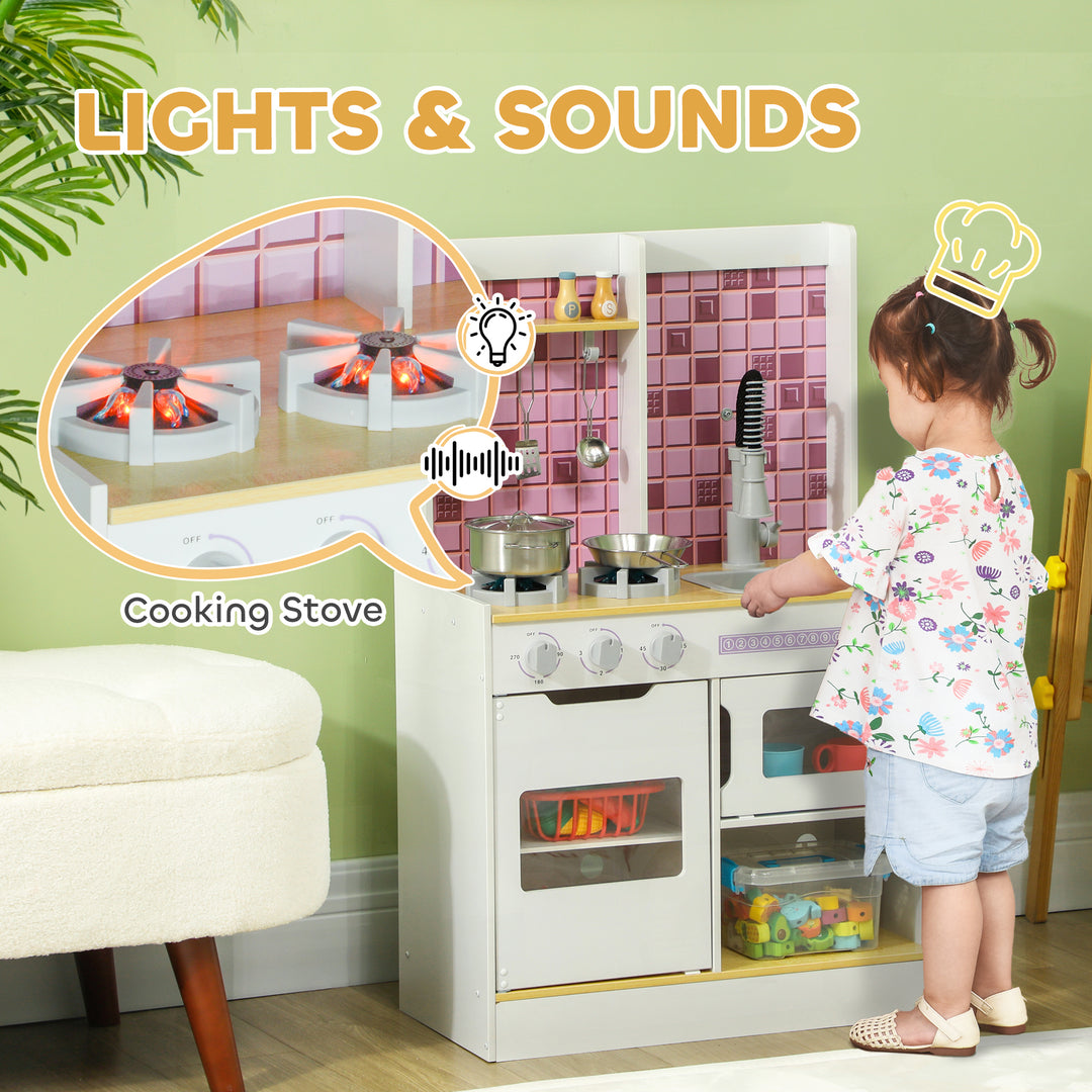 Qaba Play Kitchen Set for Kids, Kids Kitchen Playset with Realistic Lights & Sounds, Sink, Oven, Stove, White