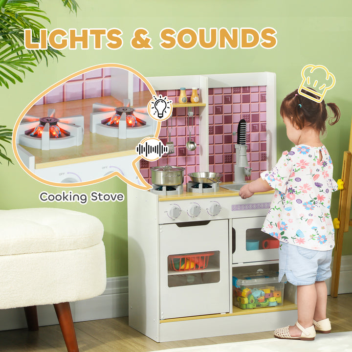 Qaba Play Kitchen Set for Kids, Kids Kitchen Playset with Realistic Lights & Sounds, Sink, Oven, Stove, White