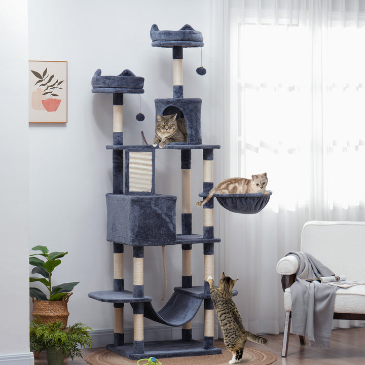 PawHut 81" Large Cat Tree w/ Scratching Posts, Condos, Beds, Hammocks, Jumping Platforms, Toy Balls, Rope Cat Toy, Dark Grey