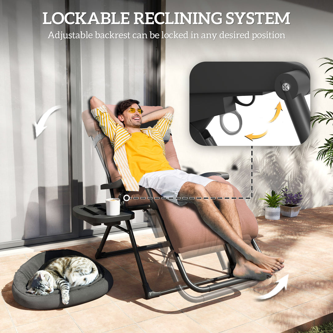 Outsunny Padded Folding Recliner Chair, Patio Lounger with Cupholder, Adjustable Backrest, Removable Cushion, Khaki