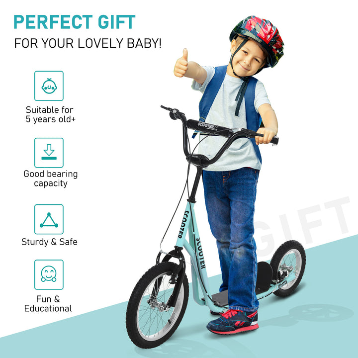 Aosom Youth Kick Scooter with Adjustable Handlebar and 16'' Inflatable Rubber Wheel for Kids and Teens 5+ Year Old, Blue