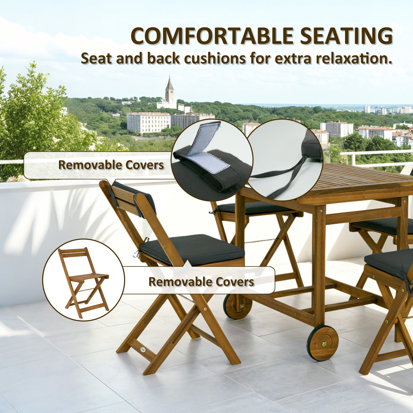 Outsunny 5 Pieces Wood Patio Dining Set, Wheeled Patio Table and Folding Chairs with Cushions for Garden Backyard Poolside, Teak