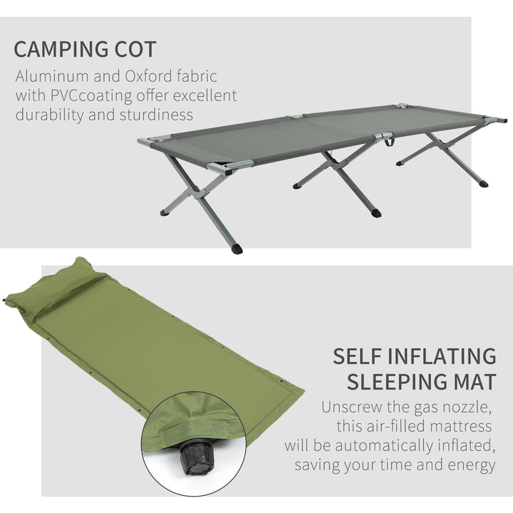 Outsunny Camping Tent Cot, Multifunctional Folding Tent Combo, Portable Off-Ground Tent Shelter with Self-Inflating Air Mattress and Carry Bag for 1 Person