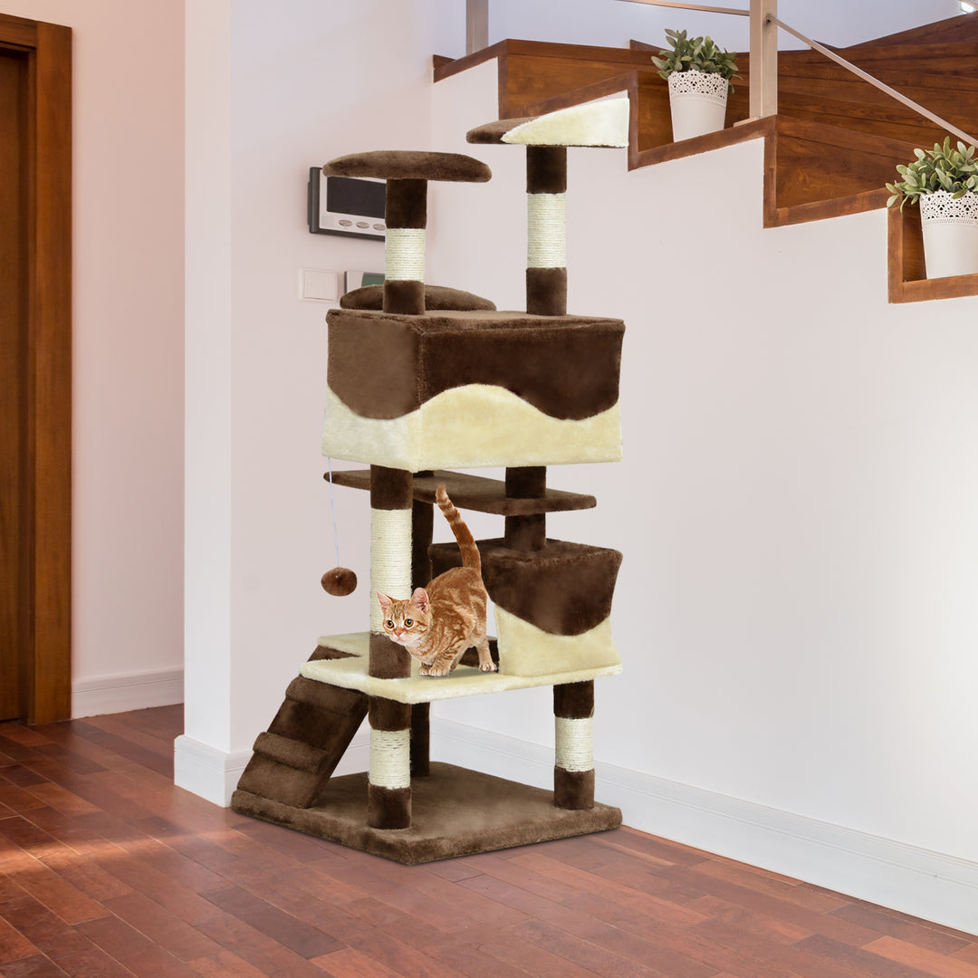 PawHut 53" Cat Tree Scratching Large Kitten Play House Multi-Level Activity Center Pet Furniture