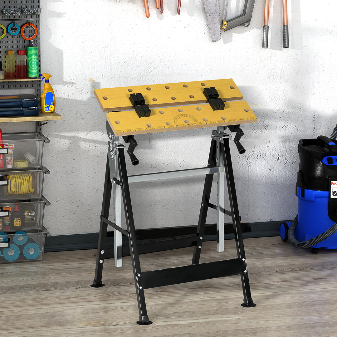 HOMCOM Portable Work Bench, Workshop Tool Stand with 6-Level Height Adjustable Work Table, Carpenter Saw Table with 4 Clamps, Steel Frame, 220lbs Capacity
