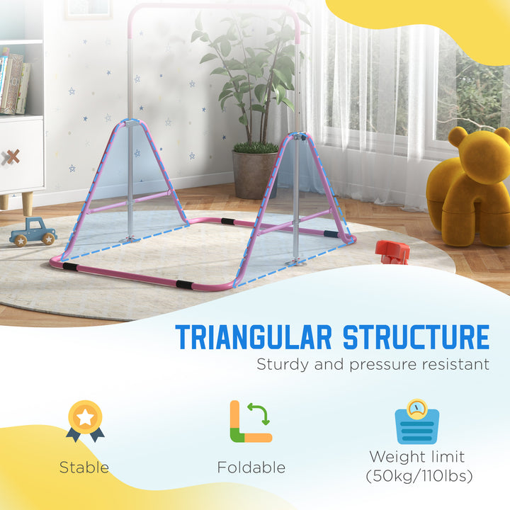 Qaba Foldable Gymnastics Bar for Kids, Expandable Gymnastics Equipment with Adjustable Height for Boys Girls, Pink