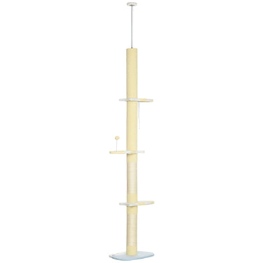 PawHut 87"-102" Floor to Ceiling Cat Tree w/ Sisal Scratching Posts, Anti-tip Kit, Perches, Toy Ball, Yellow