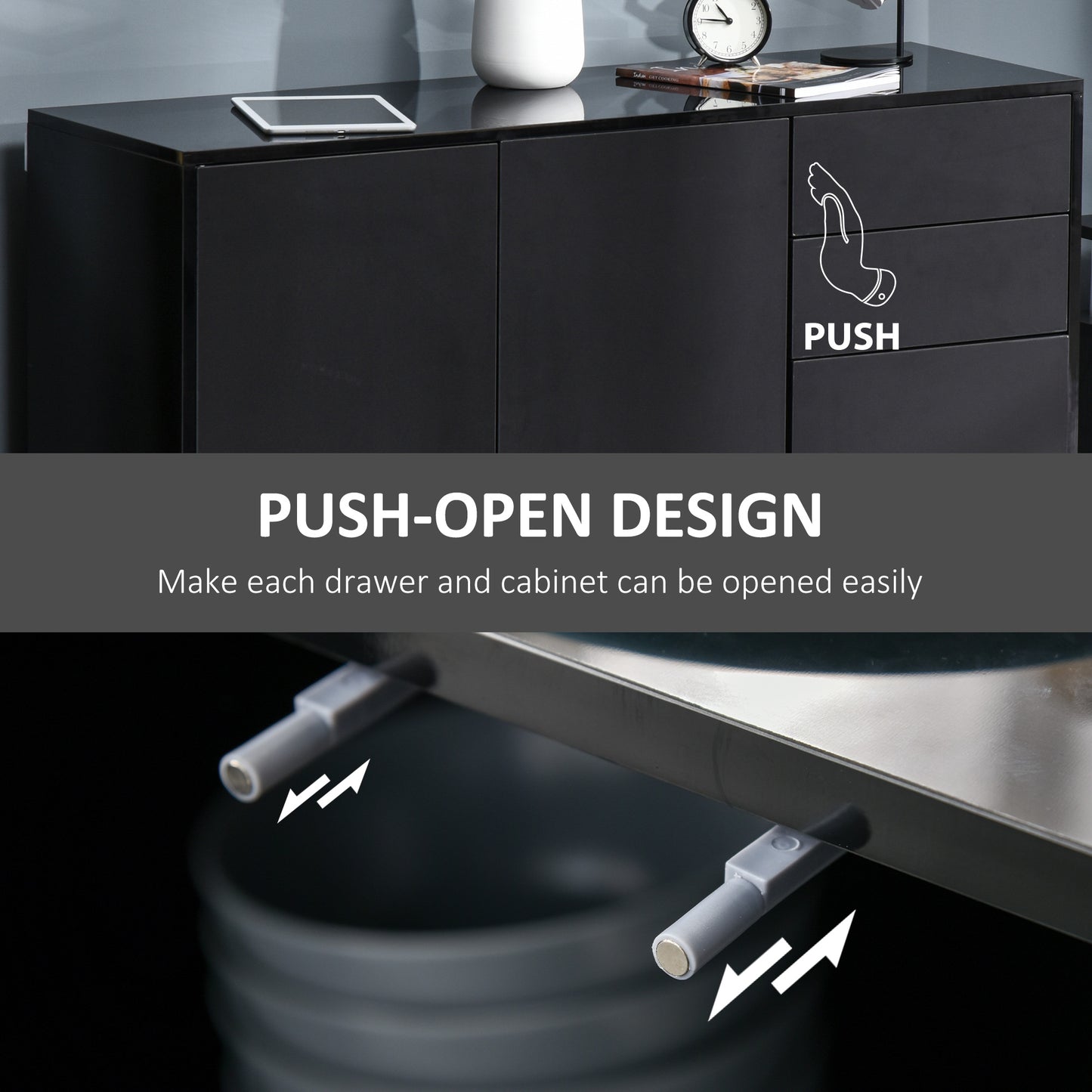 HOMCOM Kitchen Sideboard Storage Cabinet, Modern Coffee Bar with Push-Open Design and 2 Drawers for Living Room, Black